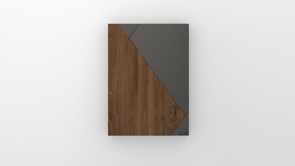 Rectangular wall-mounted panel with a geometric design, echoing the elegance of the Starling Dartboard, featuring diagonal dark gray and natural wood grain sections on a white background.