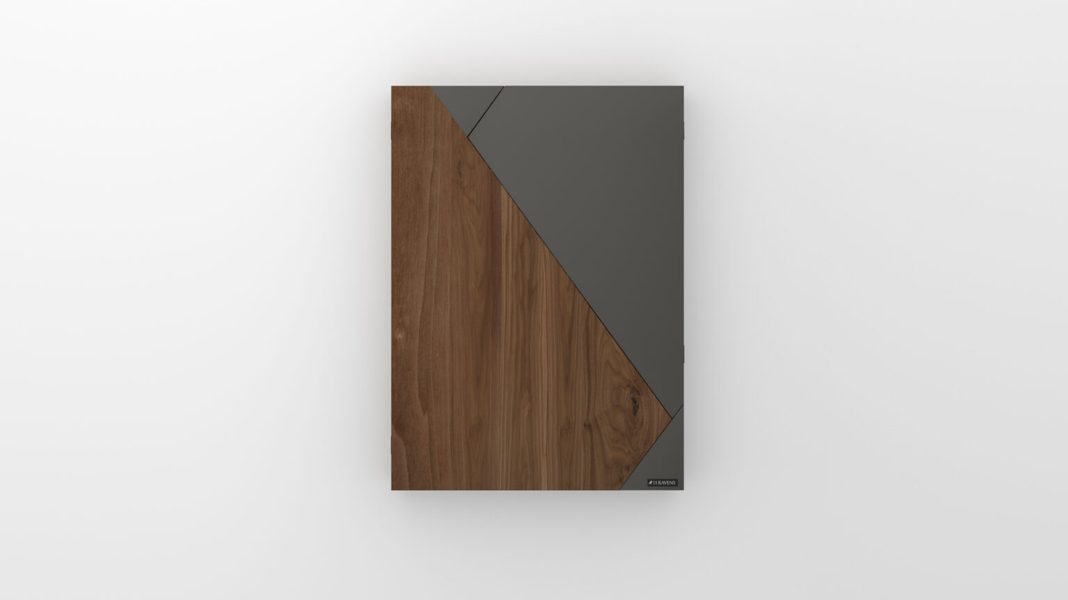 Rectangular wall-mounted panel with a geometric design, echoing the elegance of the Starling Dartboard, featuring diagonal dark gray and natural wood grain sections on a white background.