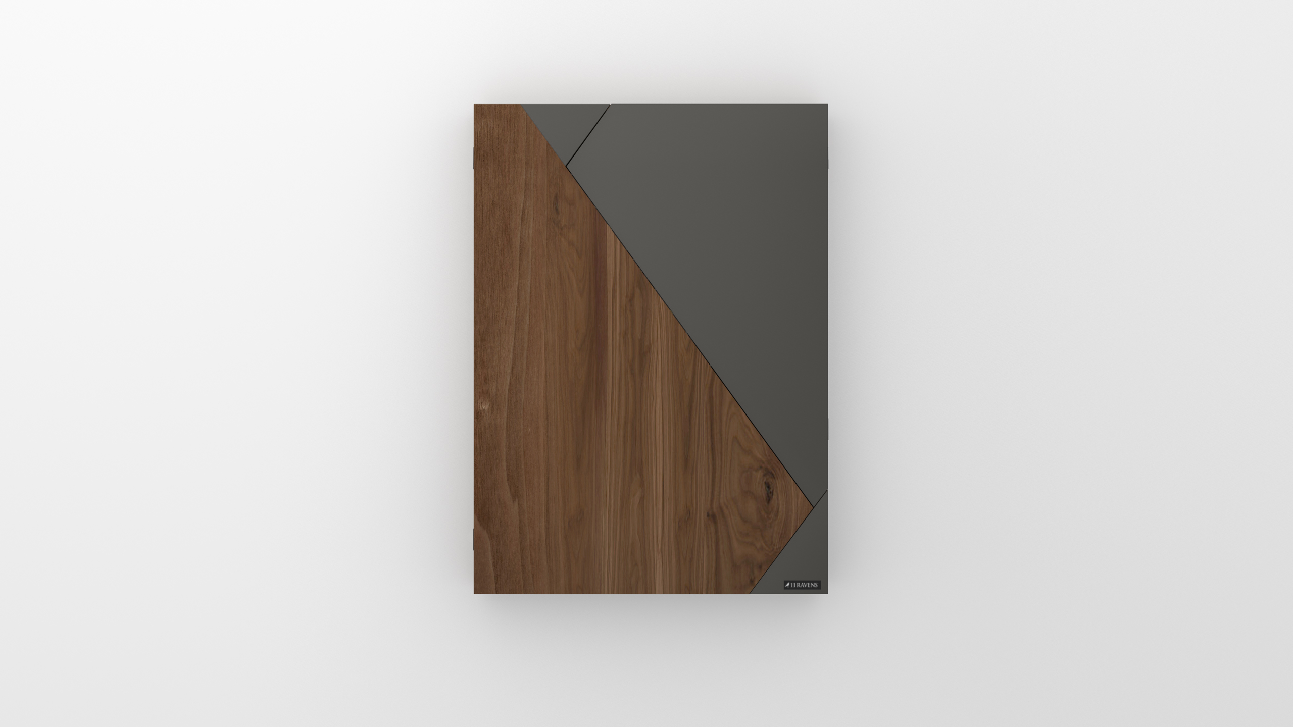 Rectangular wall-mounted panel with a geometric design, echoing the elegance of the Starling Dartboard, featuring diagonal dark gray and natural wood grain sections on a white background.