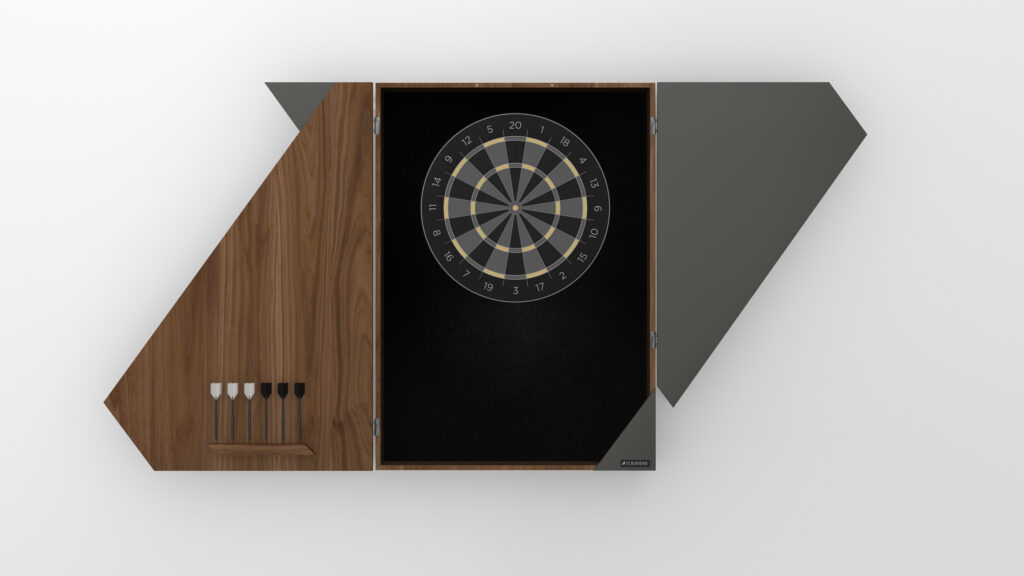 A modern cabinet with a geometric wood and black design opens to reveal the Starling Dartboard at the center, with four darts—two white and two black—stored inside the left door.