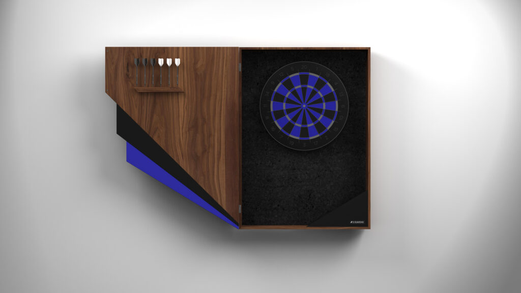 The Starling Dartboard features a modern wood-finish cabinet with geometric black and blue accents, three darts on a rack, and a blue-and-black dartboard positioned on the right when viewed from above.