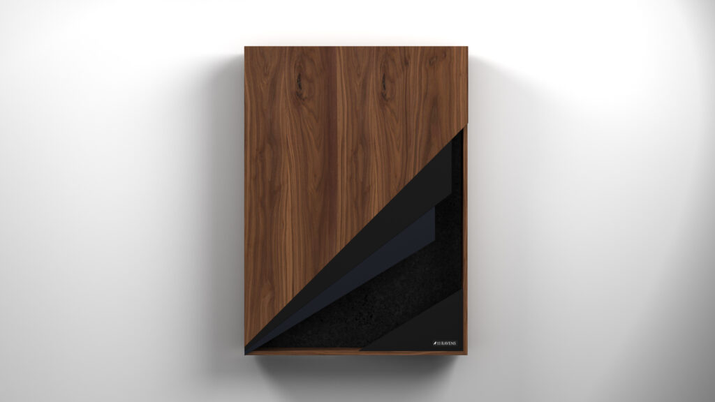 A modern cabinet with a wood finish and geometric black accent on the lower right sits against a white background—an ideal showcase for your Starling Dartboard, combining sleek design and minimalist style.