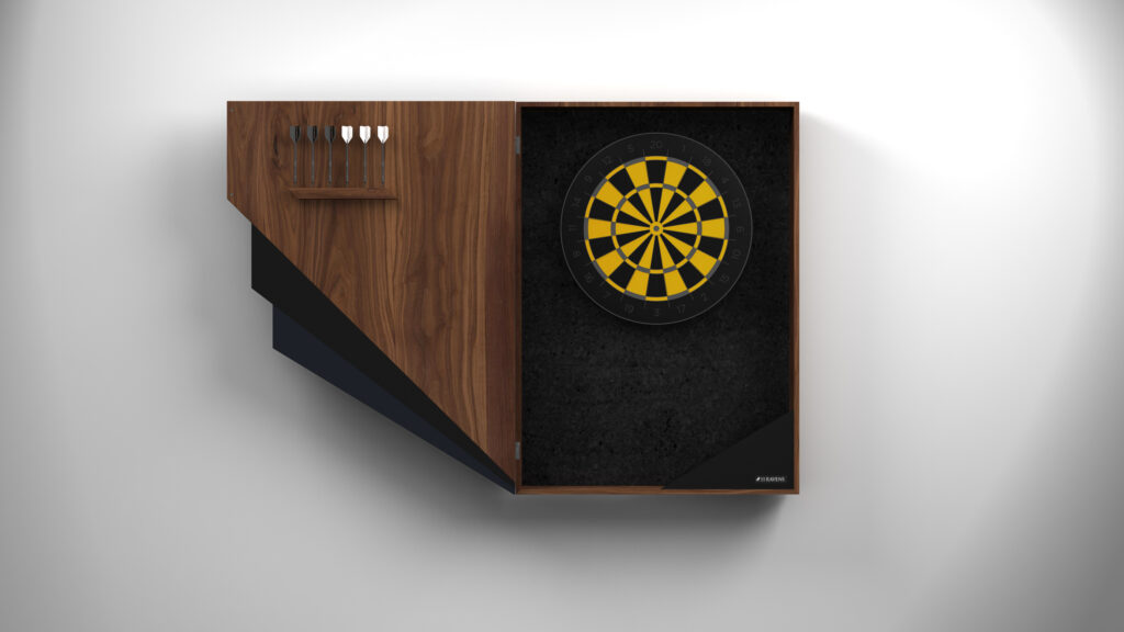 The Starling Dartboard features a modern wooden cabinet with a yellow and black dartboard inside and four darts arranged on the left. When open, it elegantly displays the dartboard against a dark background.