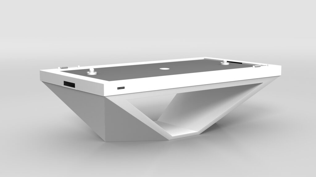 The Stealth Air Hockey Table features a modern, minimalist design with a geometric angular base and a smooth white-and-gray playing surface, set against a plain light gray background.