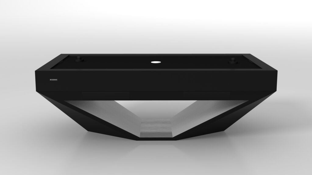 A modern, geometric black sink with angular trapezoidal sides and a matte finish echoes the sleek lines of the Stealth Air Hockey Table. It features a rectangular basin and two small knobs in each back corner, set against a plain white background.