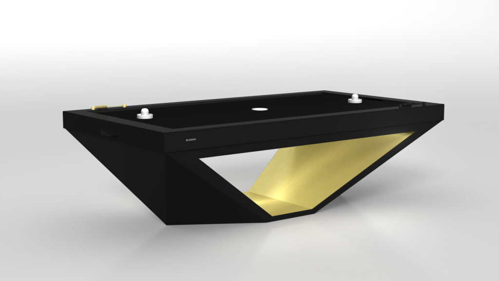 The Stealth Air Hockey Table features sharp geometric lines and a gold accent beneath, showcased on a plain white background.