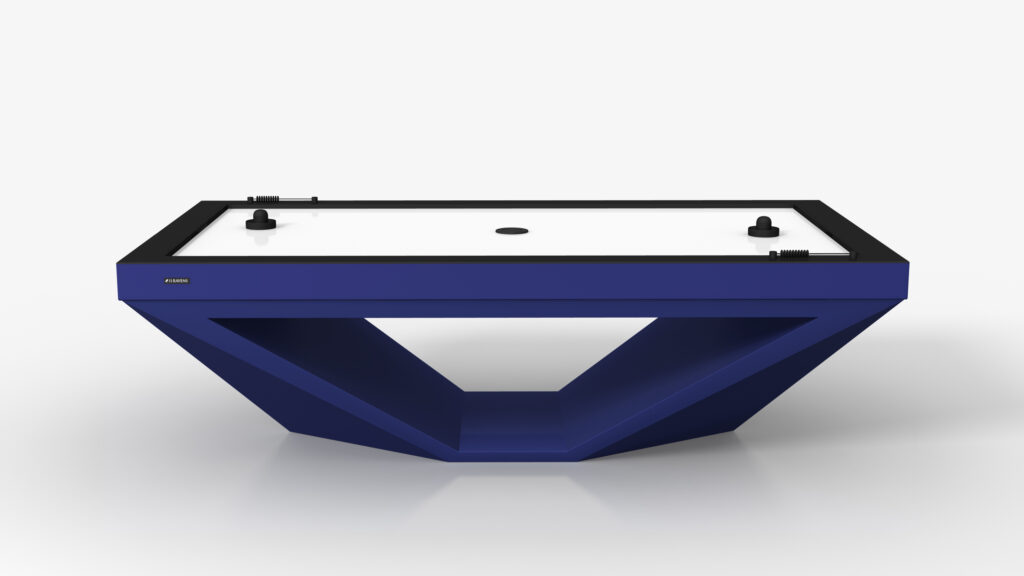The Stealth Air Hockey Table in blue boasts a geometric base, white playing surface, black border, two strikers, and a puck—all displayed on a plain white background.