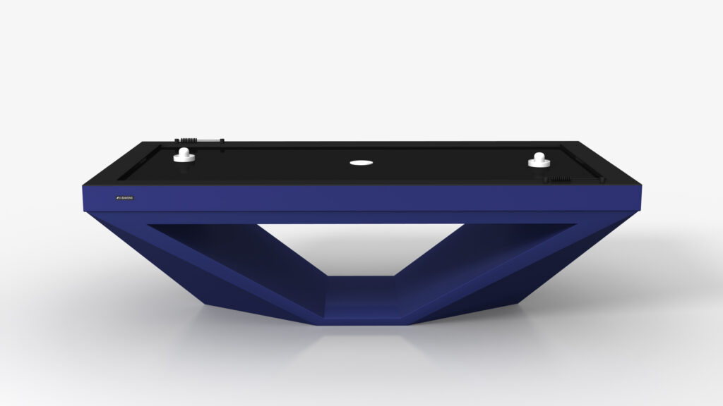 The Stealth Air Hockey Table, featuring a geometric base and two white strikers, stands out on a plain white background. Its modern blue design with a black surface and central white circle combines elegance and fun.
