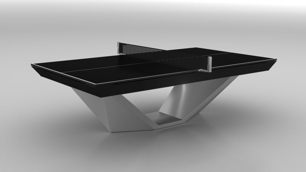 The Stealth Ping Pong Table features a sleek black finish, angular geometric gray base, and silver net—perfect for minimalist spaces.