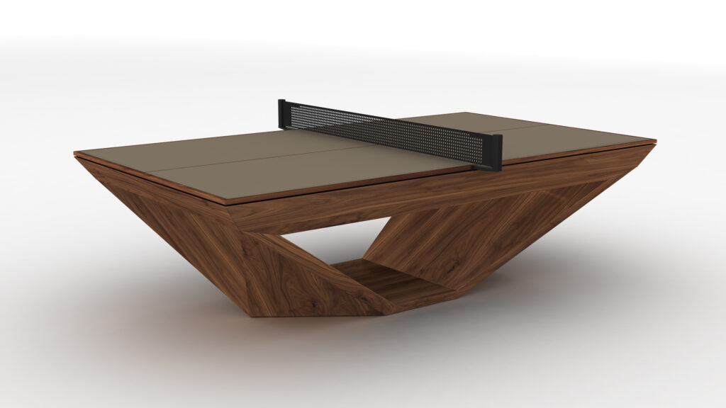 The Stealth Ping Pong Table features a geometric wooden base, angled design, flat surface, and black net—offering a minimalist, contemporary look ideal for sophisticated spaces.