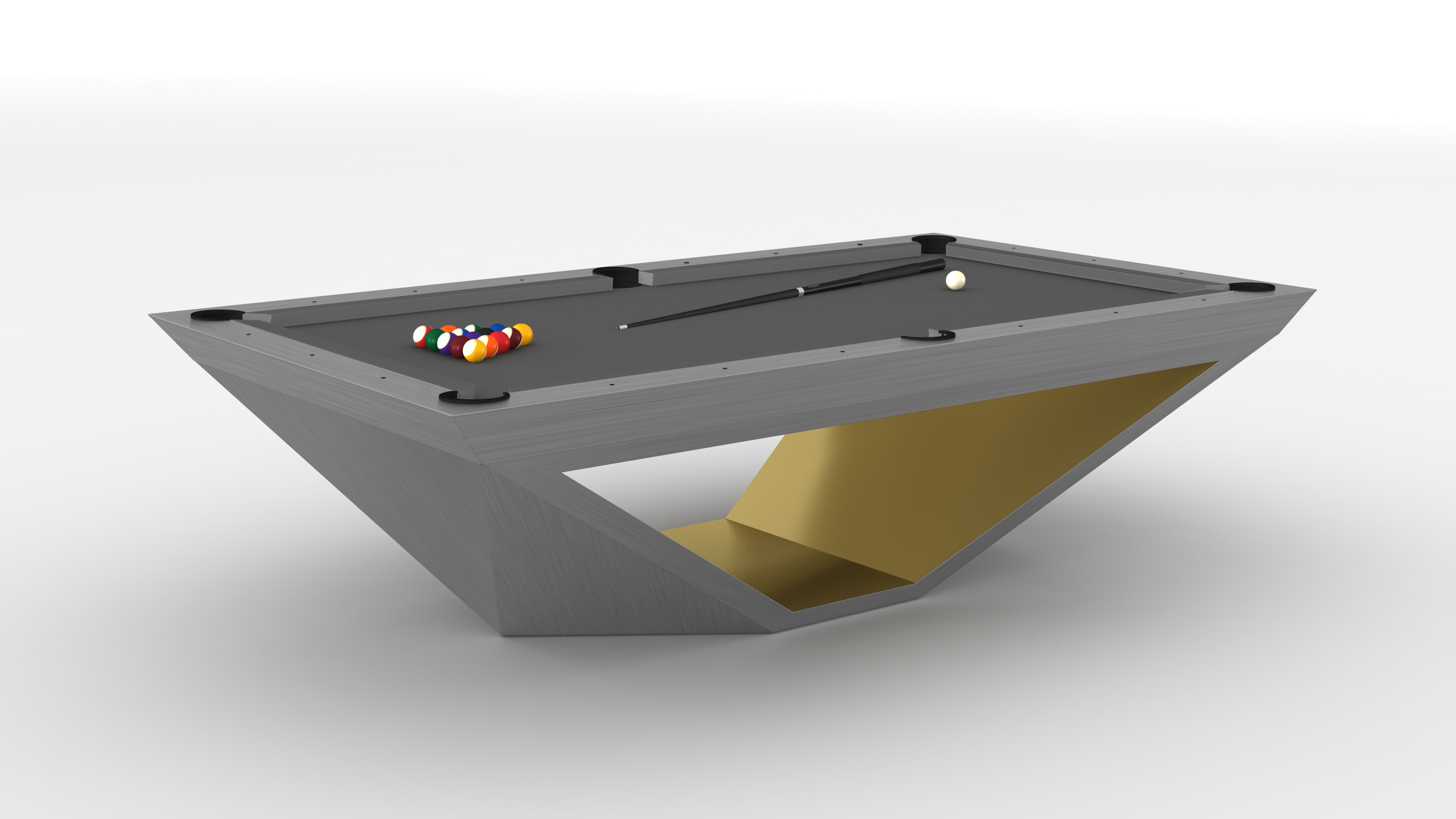 A modern grey Stealth Ping Pong Table with angular design and gold accent panel, set on a white background. Pool balls, cue stick, and cue ball are arranged on the table.
