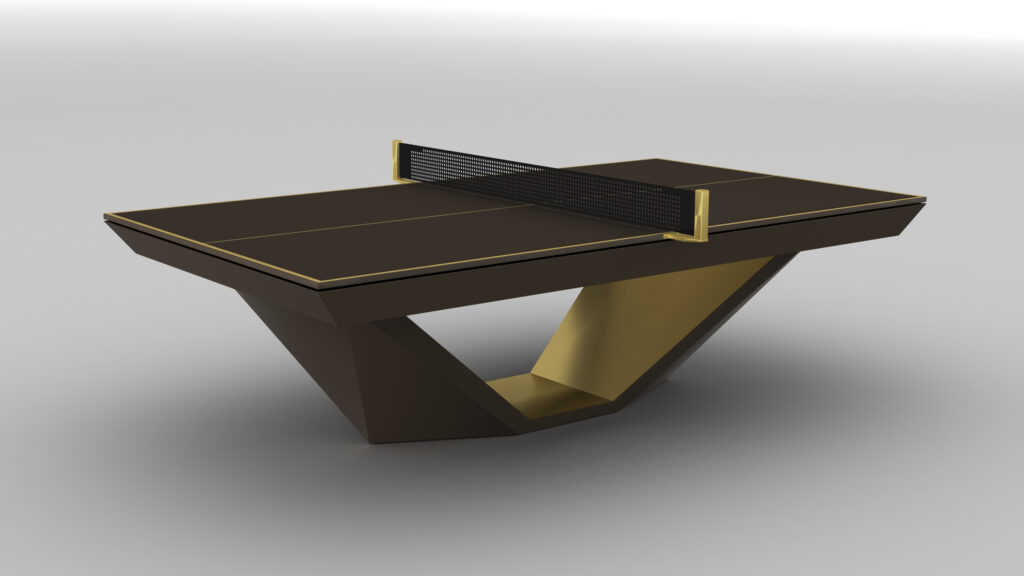 The Stealth Ping Pong Table features a modern, minimalist design with a dark brown top, gold edges, an angular geometric base, and a black net, set against a plain light gray background.
