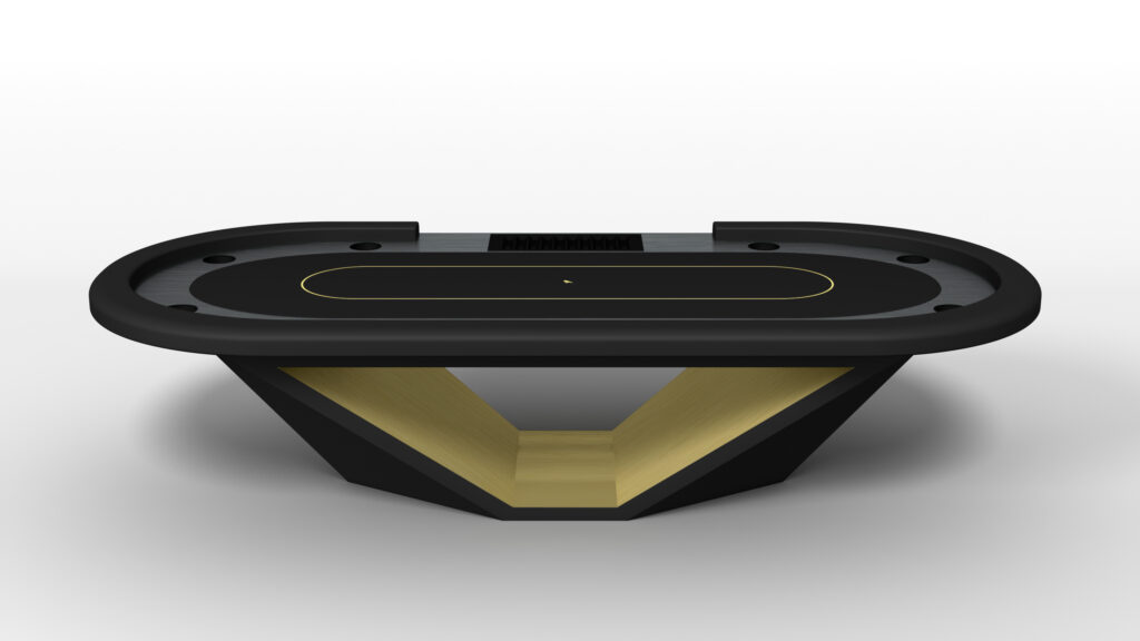 The Stealth Oval Poker Table features a black surface, gold accents, and a distinctive V-shaped base, presented against a plain white background.
