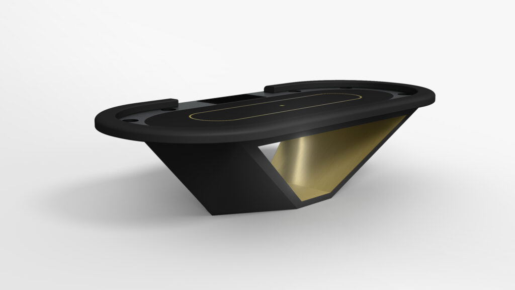 The Stealth Oval Poker Table features a modern design with sleek black finish, gold accents, and an angular geometric base, showcased against a plain white background.