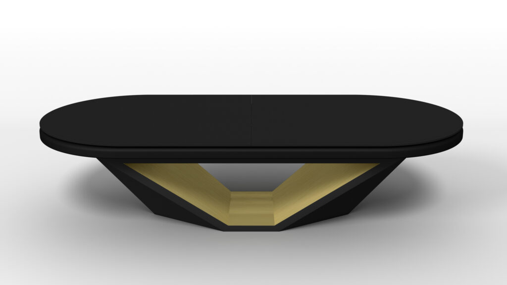 The Stealth Oval Poker Table features a modern design with a wide geometric base, an inverted triangle shape, and a light wood accent inside the base, shown on a plain white background.
