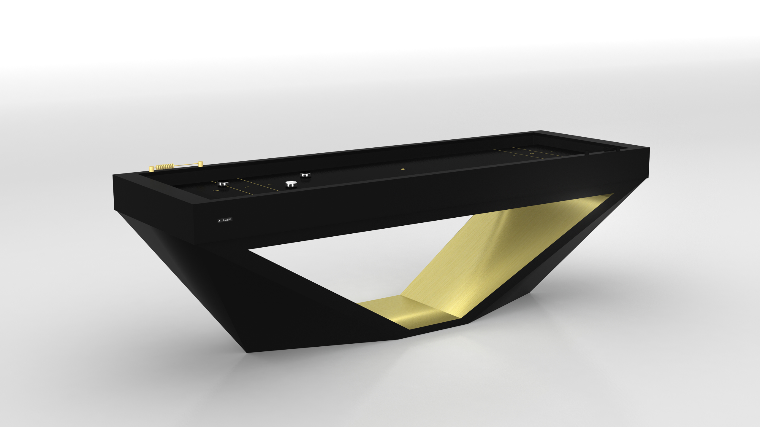 The Stealth Shuffleboard Table has a modern black design with an angular geometric base and a metallic gold inner surface, displayed against a plain white background.