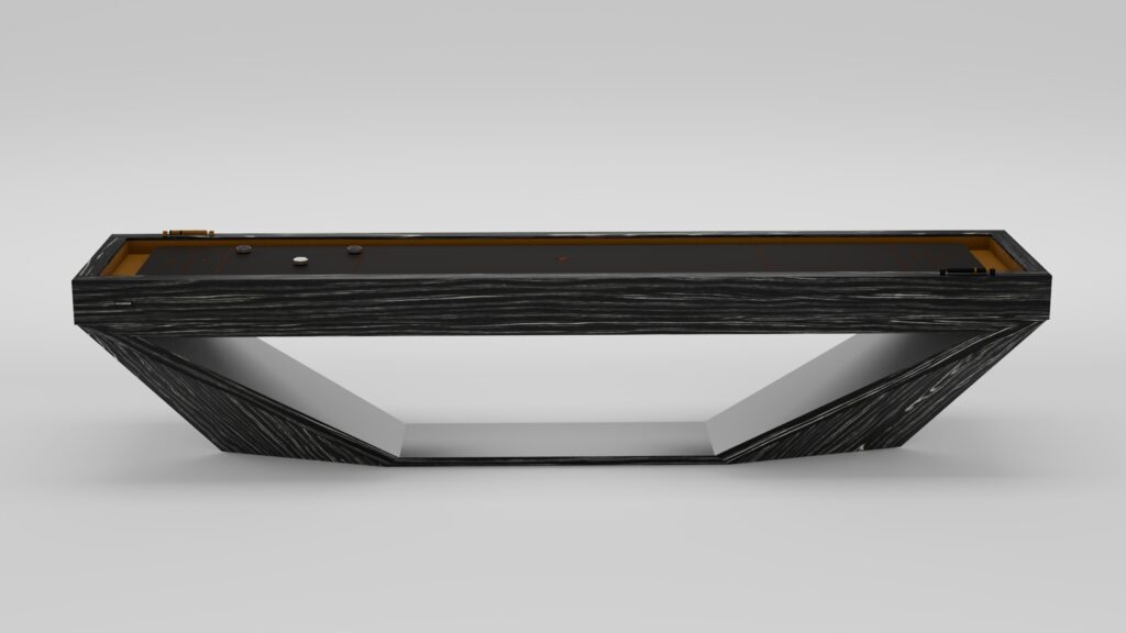 The Stealth Shuffleboard Table features a modern, geometric black base and a wooden playing surface, shown against a plain white background.