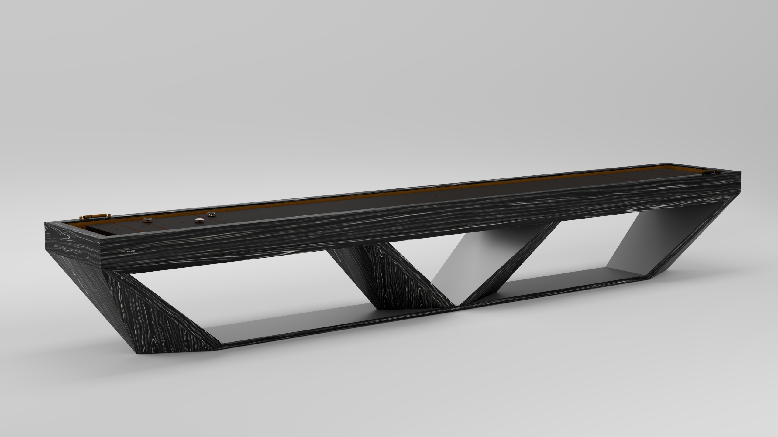 A modern black wooden console table with angular geometric legs and a glass top, inspired by the sleek lines of the Stealth Shuffleboard Table, set against a plain light gray background.