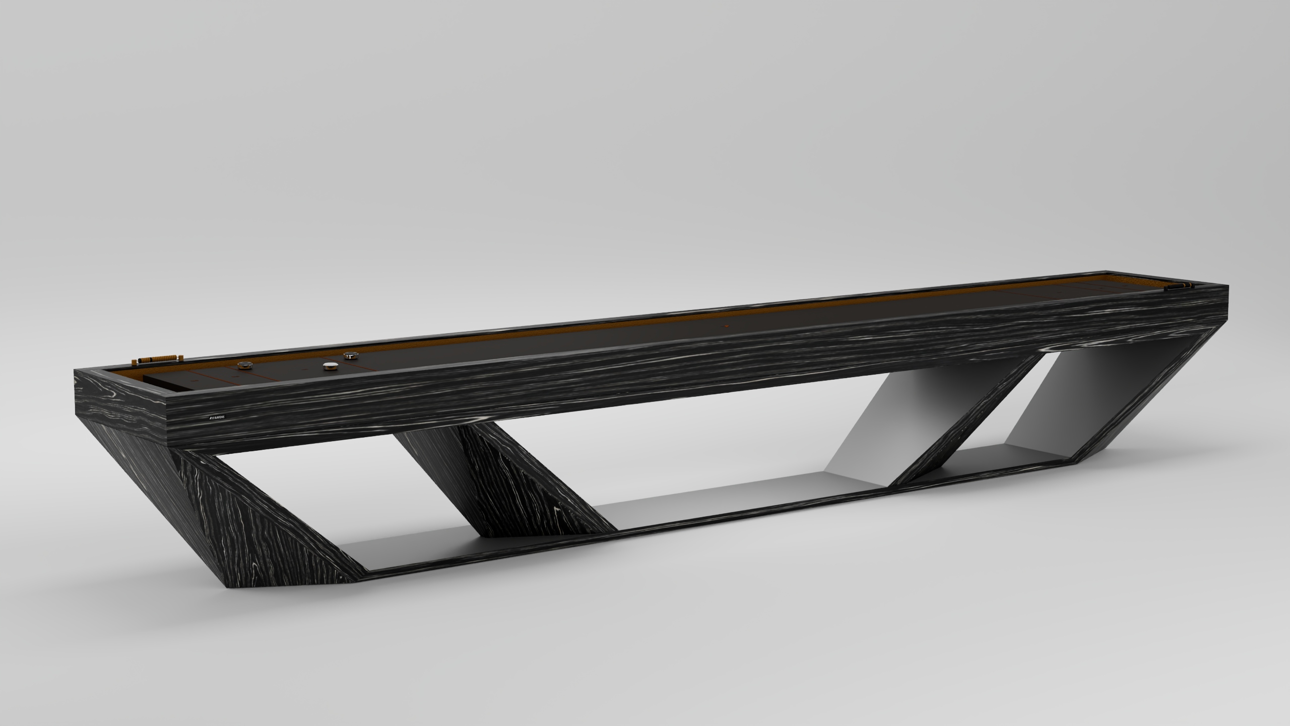 A modern black wooden console table with angular legs and a sleek glass top, inspired by the refined style of the Stealth Shuffleboard Table, set against a plain light gray background.