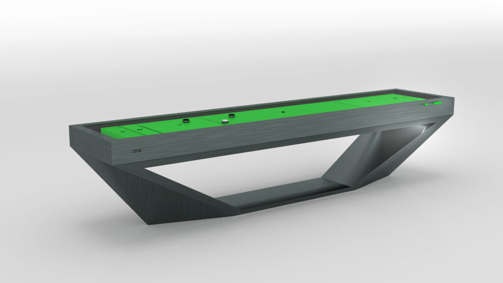 The Stealth Shuffleboard Table boasts a modern, angular design with a green playing surface, dark gray wood finish, sleek lines, and an open base for a striking, contemporary appearance.