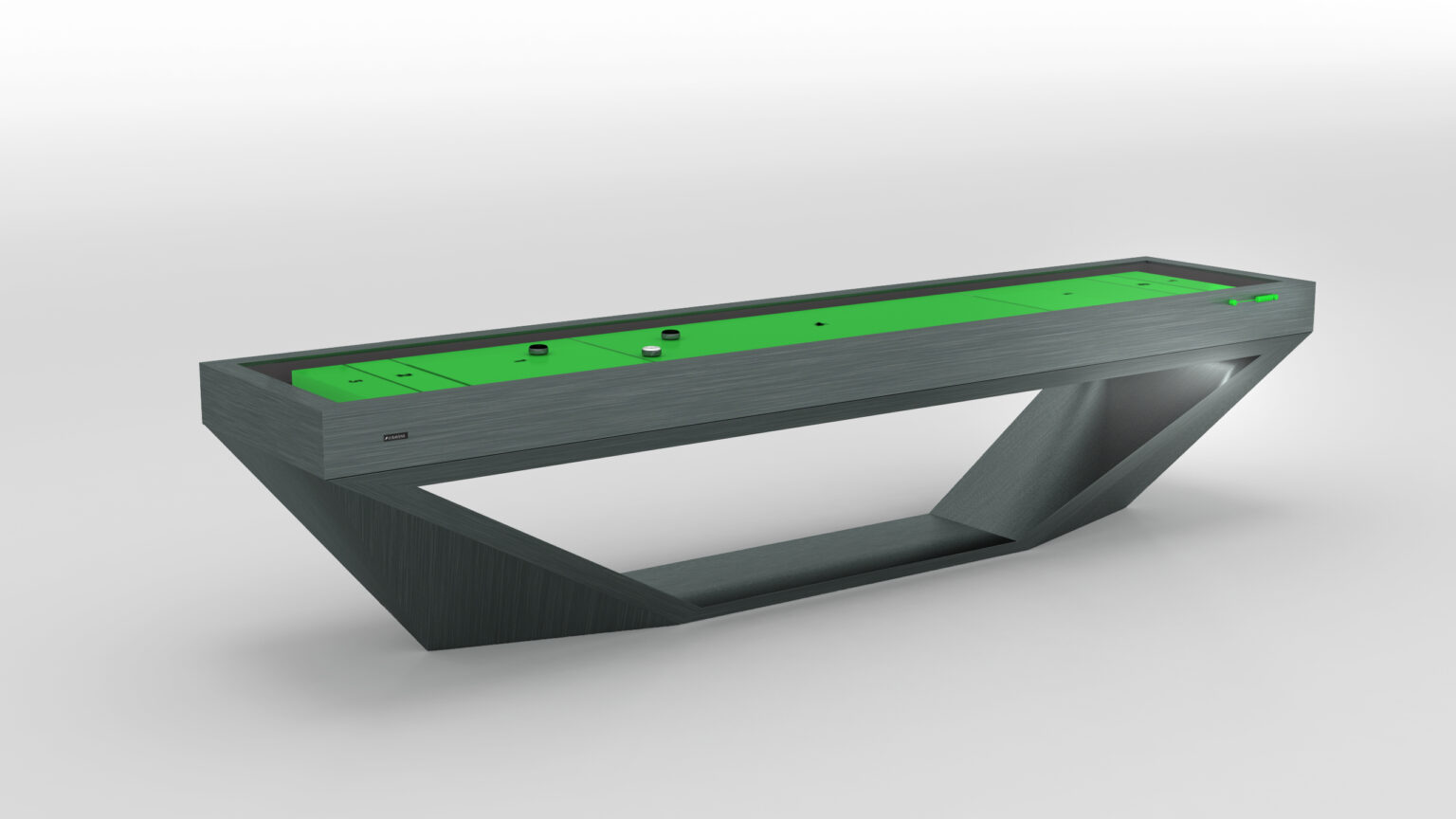 The Stealth Shuffleboard Table boasts a modern, angular design with a green playing surface, dark gray wood finish, sleek lines, and an open base for a striking, contemporary appearance.