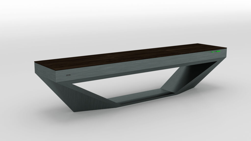 A modern, angular console table inspired by the Stealth Shuffleboard Table, featuring a dark wood top, geometric metal base, and a small green light on the front. Set against a plain white background.