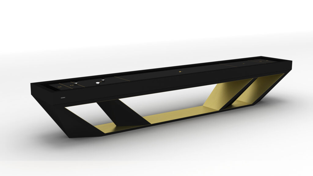 A modern, angular black and gold console table with geometric supports and a sleek, minimalist design—echoing the refined style of the Stealth Shuffleboard Table—placed on a white background.