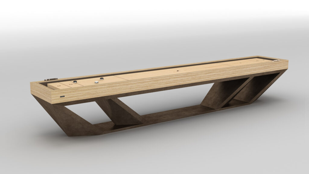 The Stealth Shuffleboard Table features a light wooden playing surface and an angular dark geometric base, showcased against a plain white background.