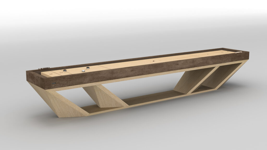 The Stealth Shuffleboard Table features a geometric wood base and light wood playing surface, shown on a plain white background with pucks and scoring markers arranged neatly on this modern, luxury table.