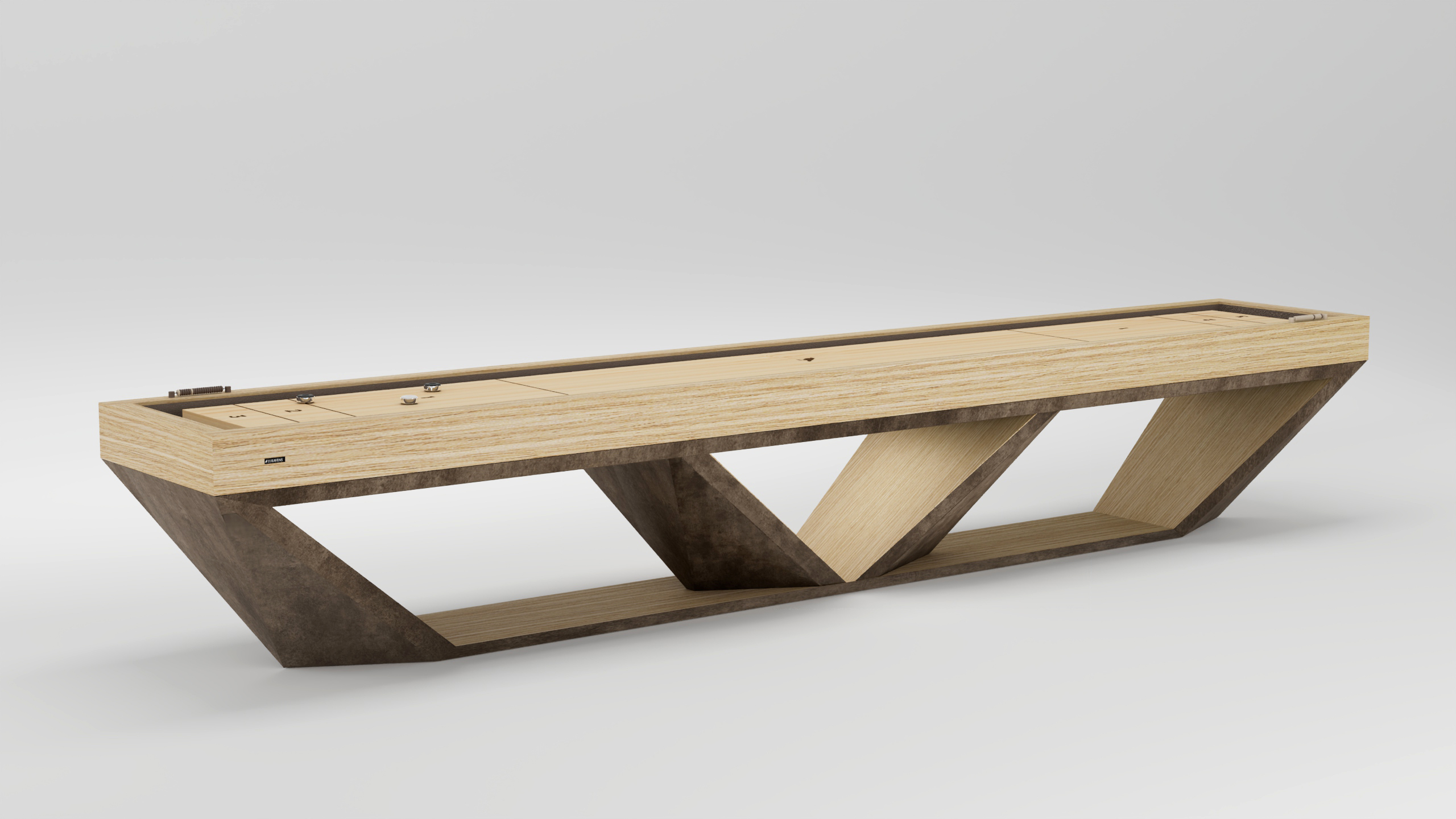The Stealth Shuffleboard Table features a light wood playing surface and an angular, geometric base in contrasting woods. Its modern, minimalist design adds contemporary style and stands out beautifully against any plain background.