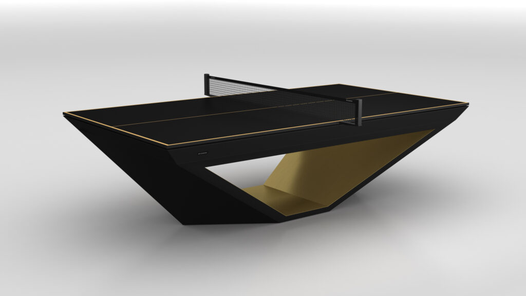 The Stealth Ping Pong Table is a modern luxury piece in black and gold, featuring a geometric angular base and sleek design, shown against a plain white background.