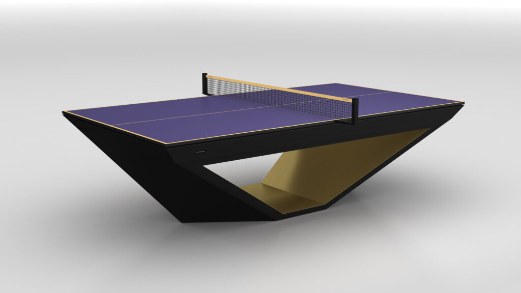The Stealth Ping Pong Table features a modern design with a purple playing surface, wooden edges, and a minimalist black and gold geometric base, elegantly displayed on a white background.