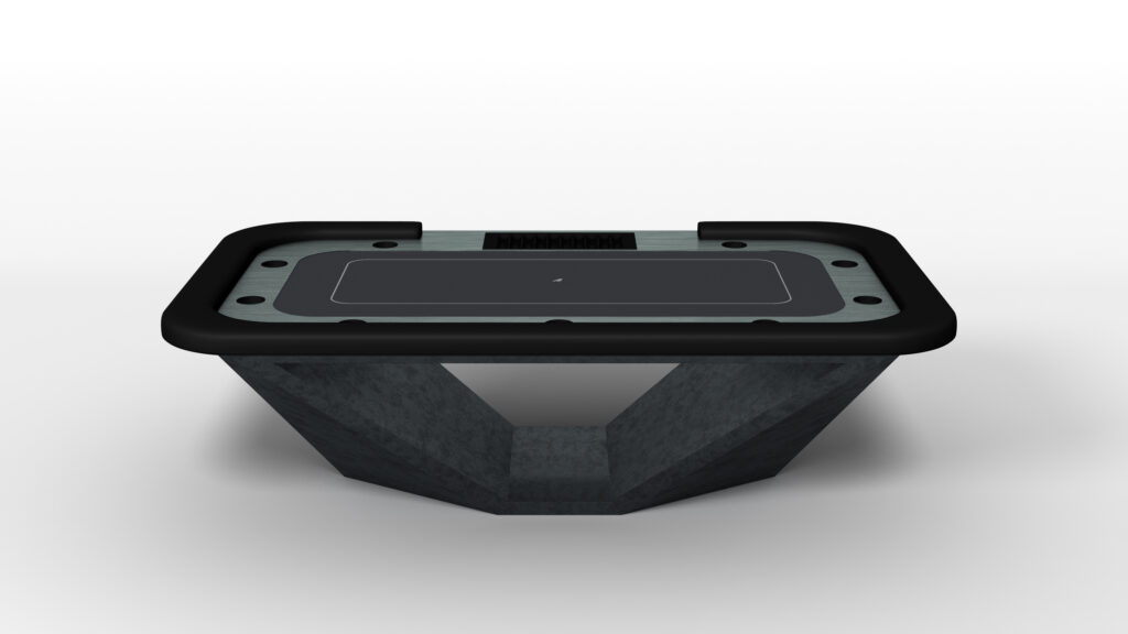A modern rectangular table with a black frame, metallic top, and geometric gray base—echoing the refined style of the Stealth Oval Poker Table—shown from the front against a plain white background.