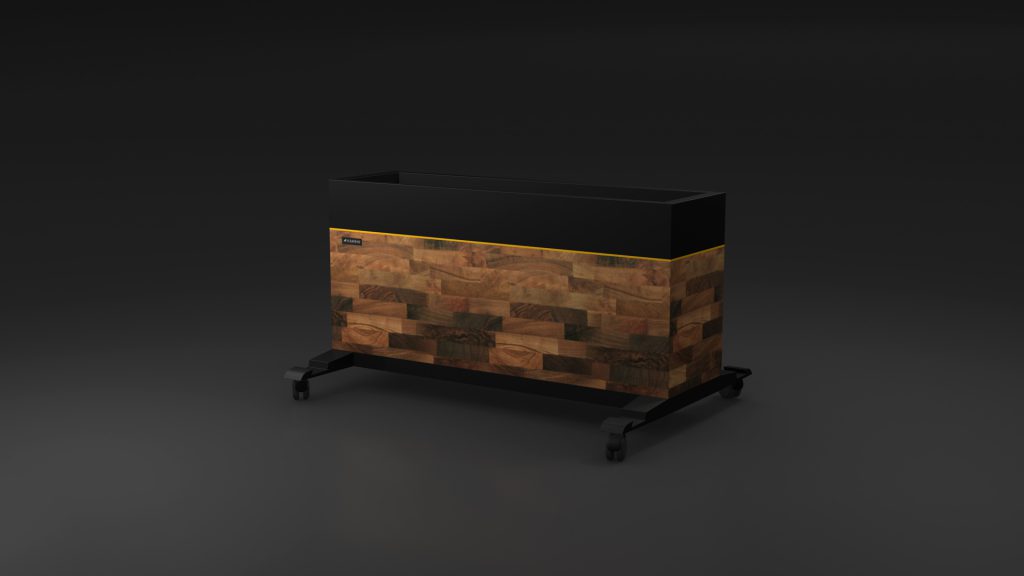 The Storage Caddy is a luxury planter with a sleek dark upper section and a checkered wood-patterned lower section. It features four small wheels for easy mobility and is set against a plain dark background.