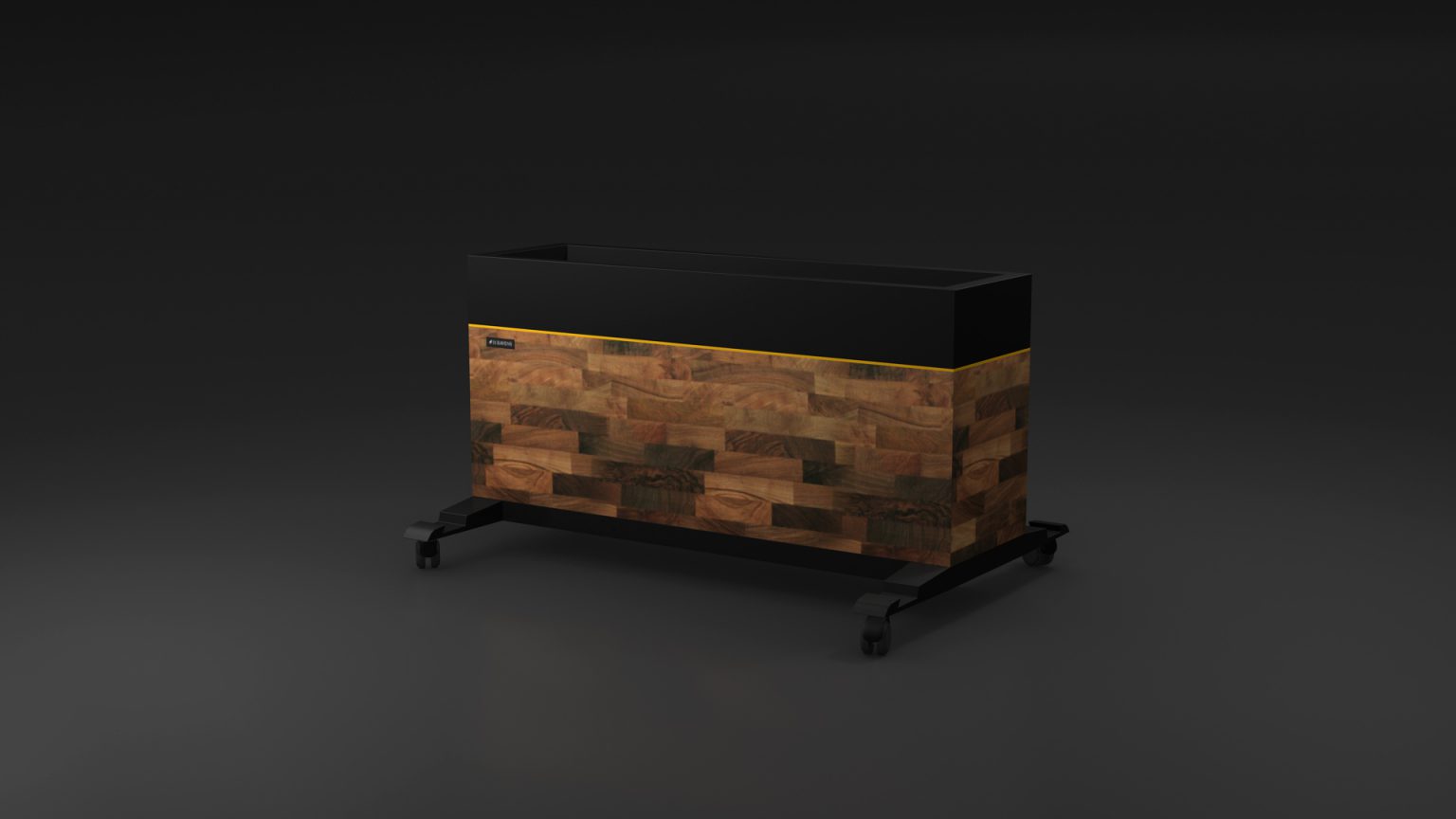 The Storage Caddy is a luxury planter with a sleek dark upper section and a checkered wood-patterned lower section. It features four small wheels for easy mobility and is set against a plain dark background.