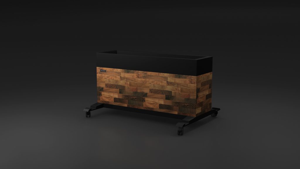 The Storage Caddy, a luxurious rectangular planter with dark top and wood-textured sides, gracefully stands on four wheels, providing elegant storage against a dark background.