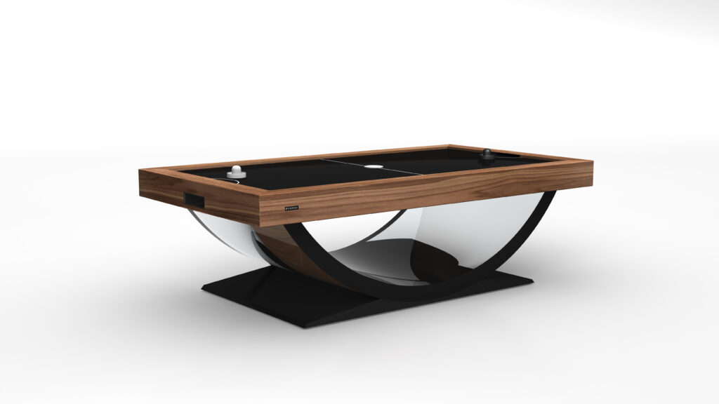 The Theseus Air Hockey Table is a sleek, modern piece with a wooden frame and black playing surface, featuring an elegant curved glass base on a black platform, perfect for a minimalist white room.