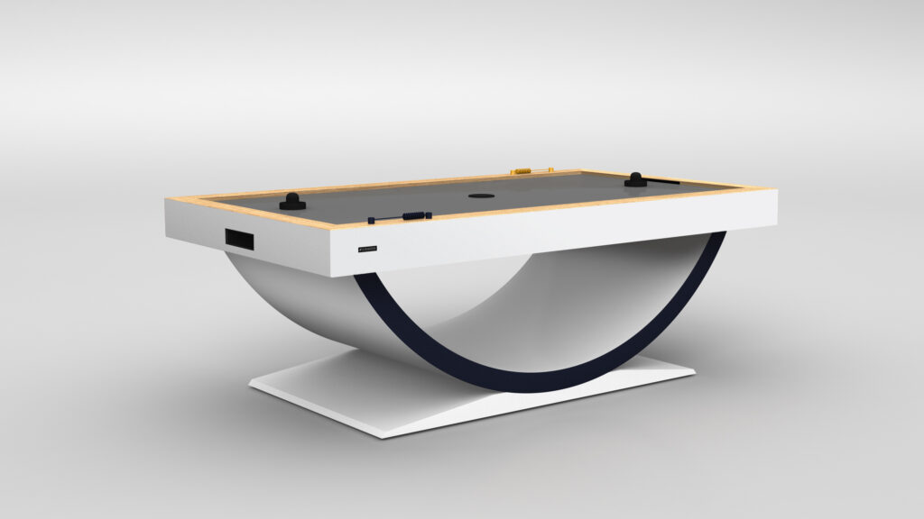 The Theseus Air Hockey Table boasts a sleek white top, light wood border, black goals, and a distinct curved base on a flat platform, offering a modern centerpiece for any space.