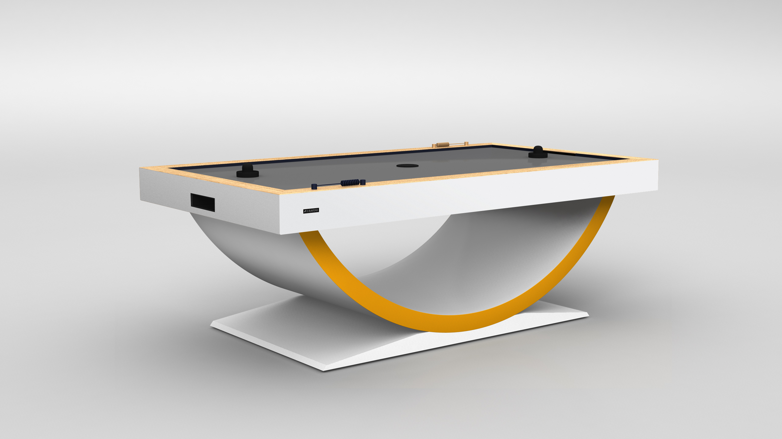 The Theseus Air Hockey Table boasts a contemporary look with its sleek white base and bold yellow arc design set against a light gray background.