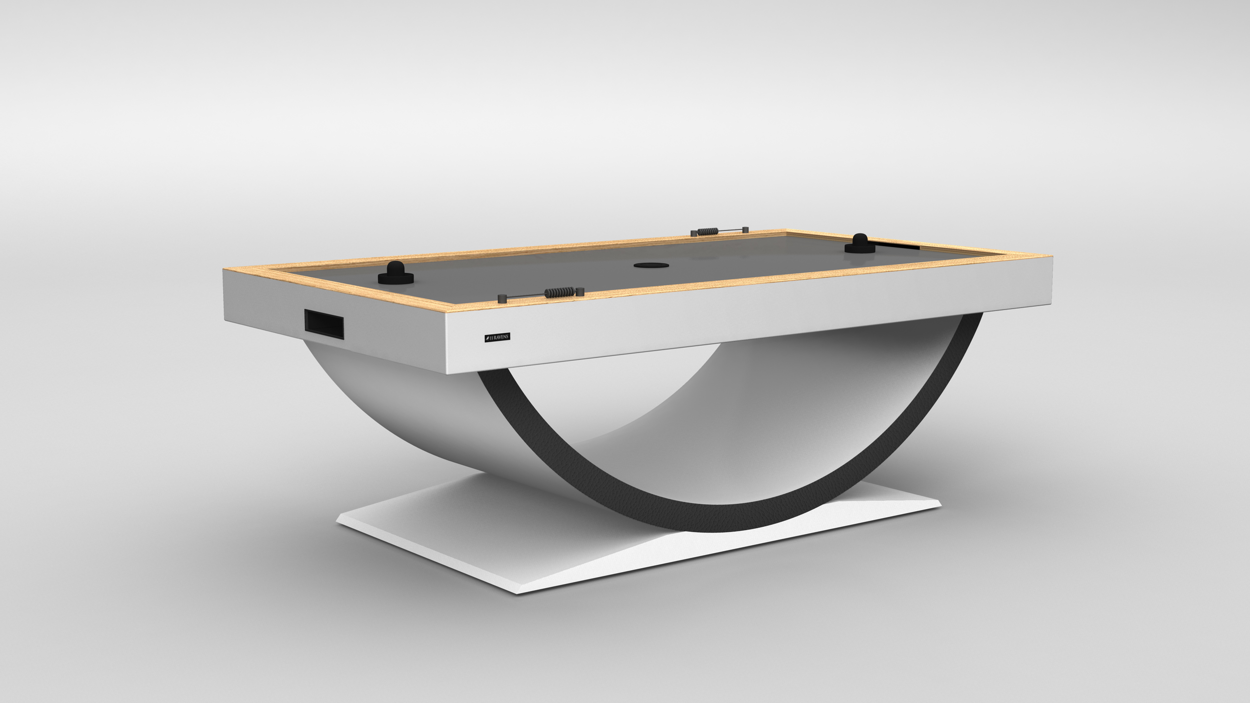 The Theseus Air Hockey Table features a modern design with a white curved base, rectangular playing surface, and black and wood accents on a light gray background.