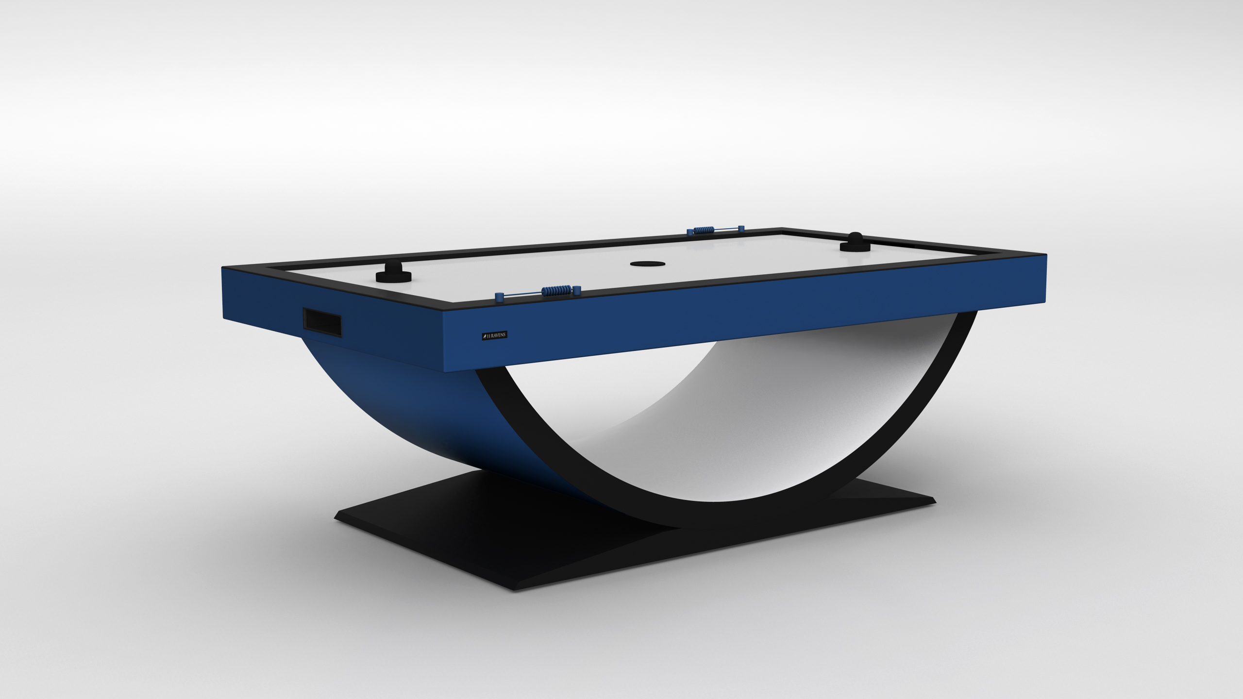 The Theseus Air Hockey Table showcases a modern blue and black design with a unique curved base, set on a white background. Supplied with two paddles and end goals, it adds style and fun to any game room.