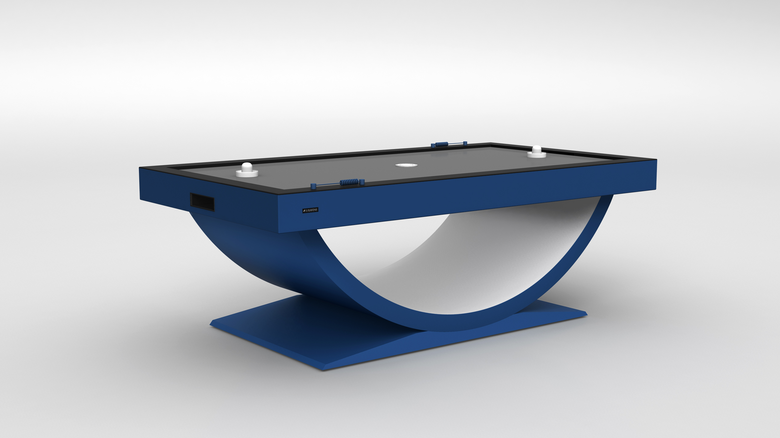 The Theseus Air Hockey Table features a sleek blue curved base and a rectangular black playing surface, creating a modern luxury look against a plain white background.