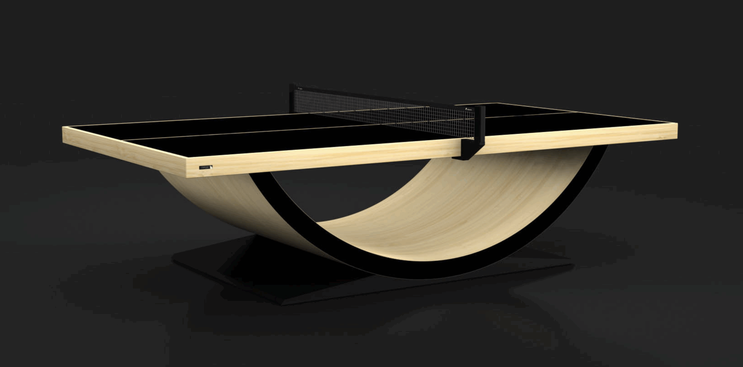 The Theseus Ping Pong Table boasts a sleek black surface, light wood edges, and a unique curved base—bringing modern sophistication to any space.