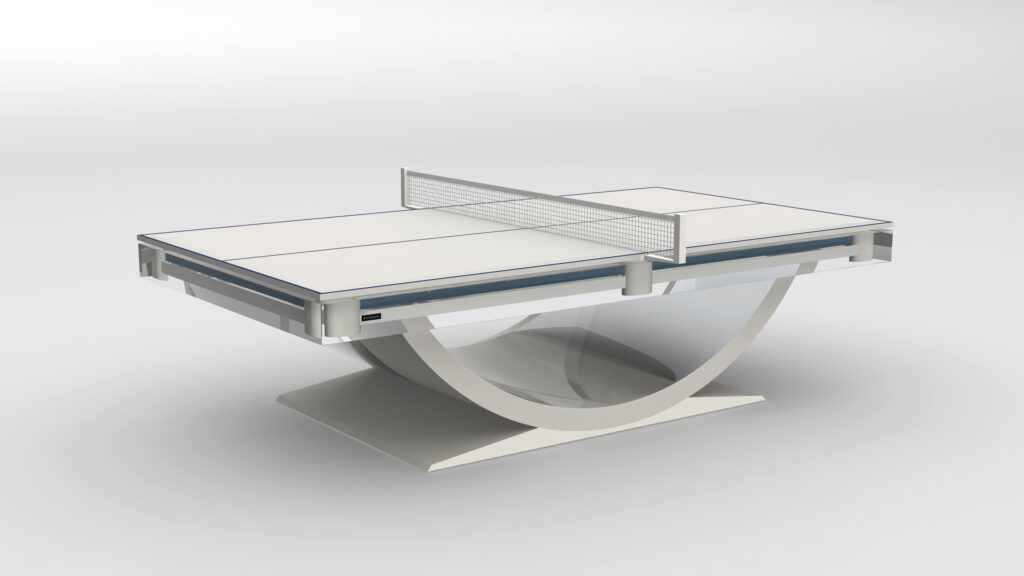 The Theseus Ping Pong Table features a modern white design, sleek curved base, and net, presented against a plain light background.