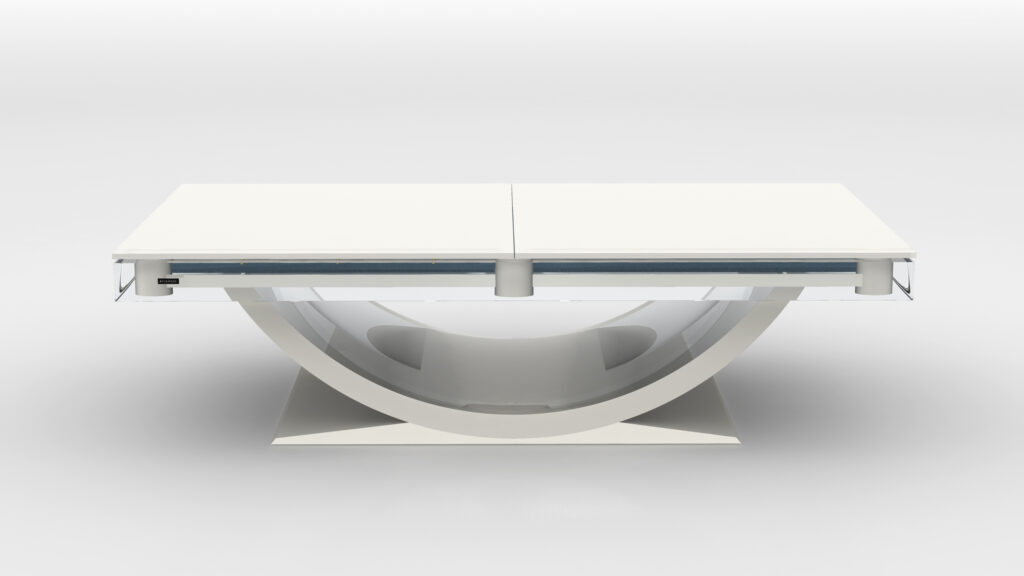 The Theseus Ping Pong Table is a modern, white table with a flat rectangular top and a distinctive curved, semi-circular base on a square platform, shown against a plain white background.