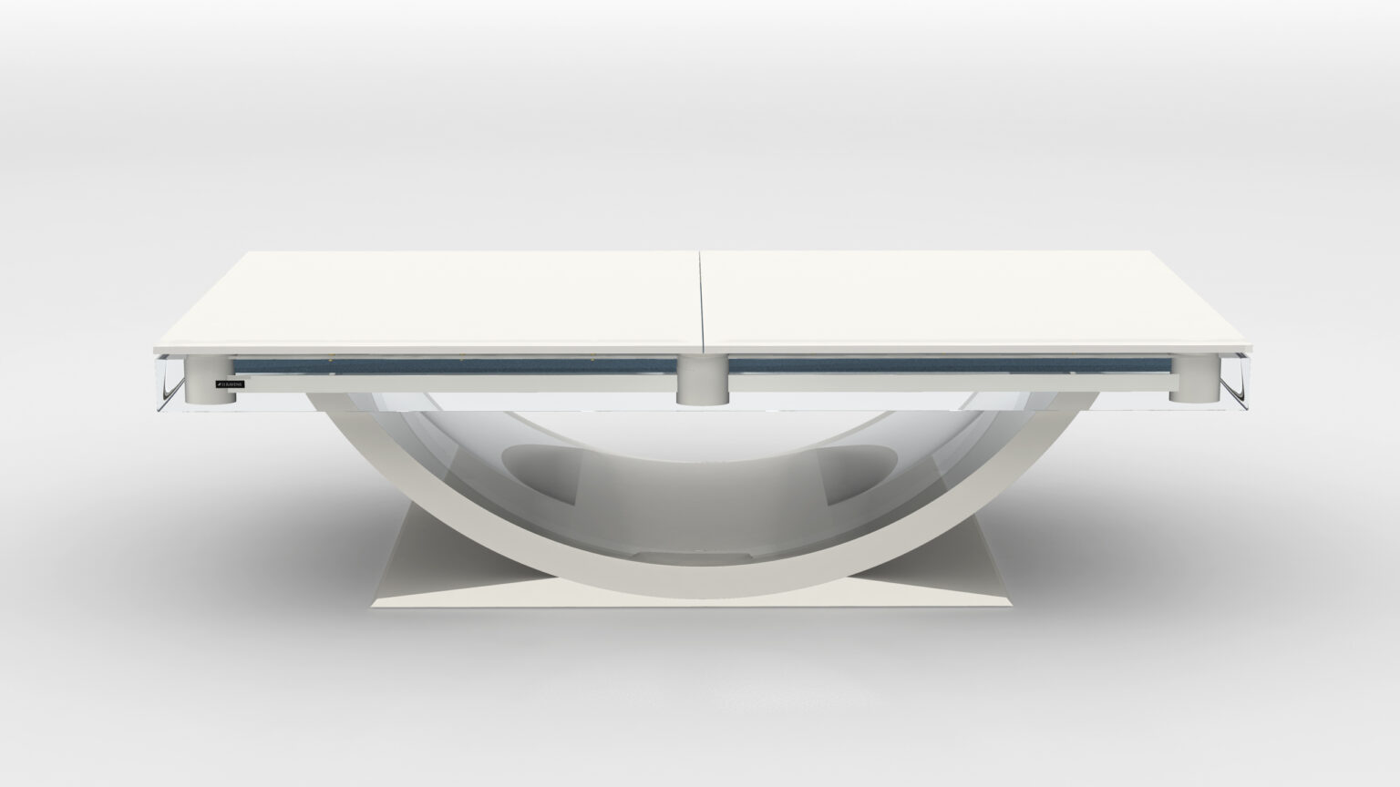 The Theseus Ping Pong Table is a modern, white table with a flat rectangular top and a distinctive curved, semi-circular base on a square platform, shown against a plain white background.