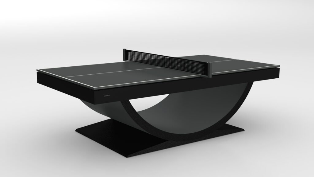 The Theseus Ping Pong Table features a sleek, curved base and minimalist design, showcased against a plain white background.