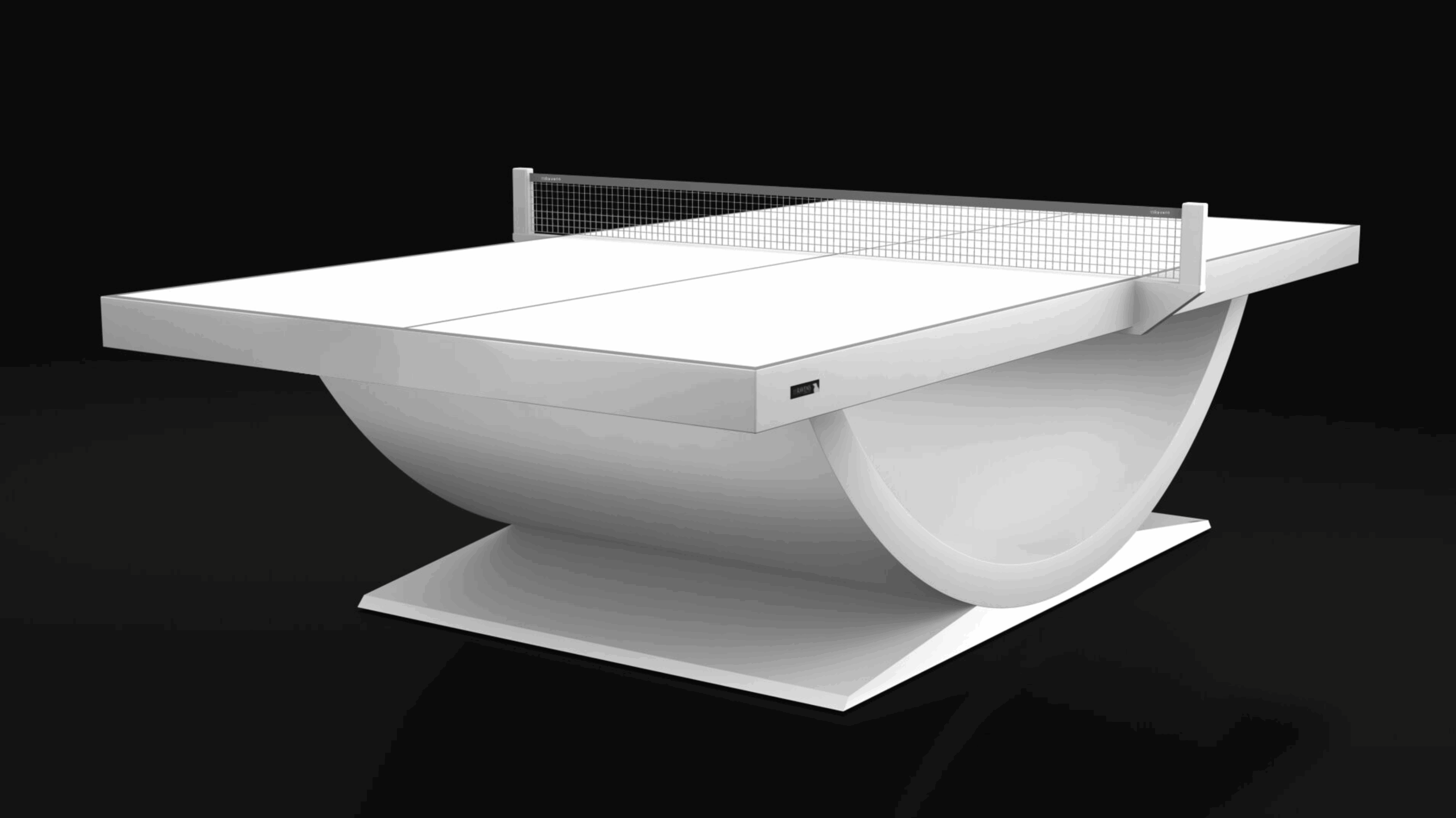 The Theseus Ping Pong Table features a modern, curved sculptural base and sleek net, set against a black background. Its minimalist, futuristic design is ideal for sophisticated interiors.