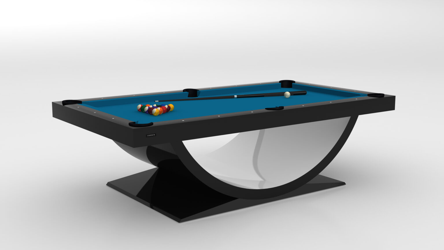 The Theseus Pool Table exhibits modern luxury with its unique curved base, billiard balls in a triangle, and a cue resting on its blue felt surface. Its minimalistic white background enhances the contemporary design.