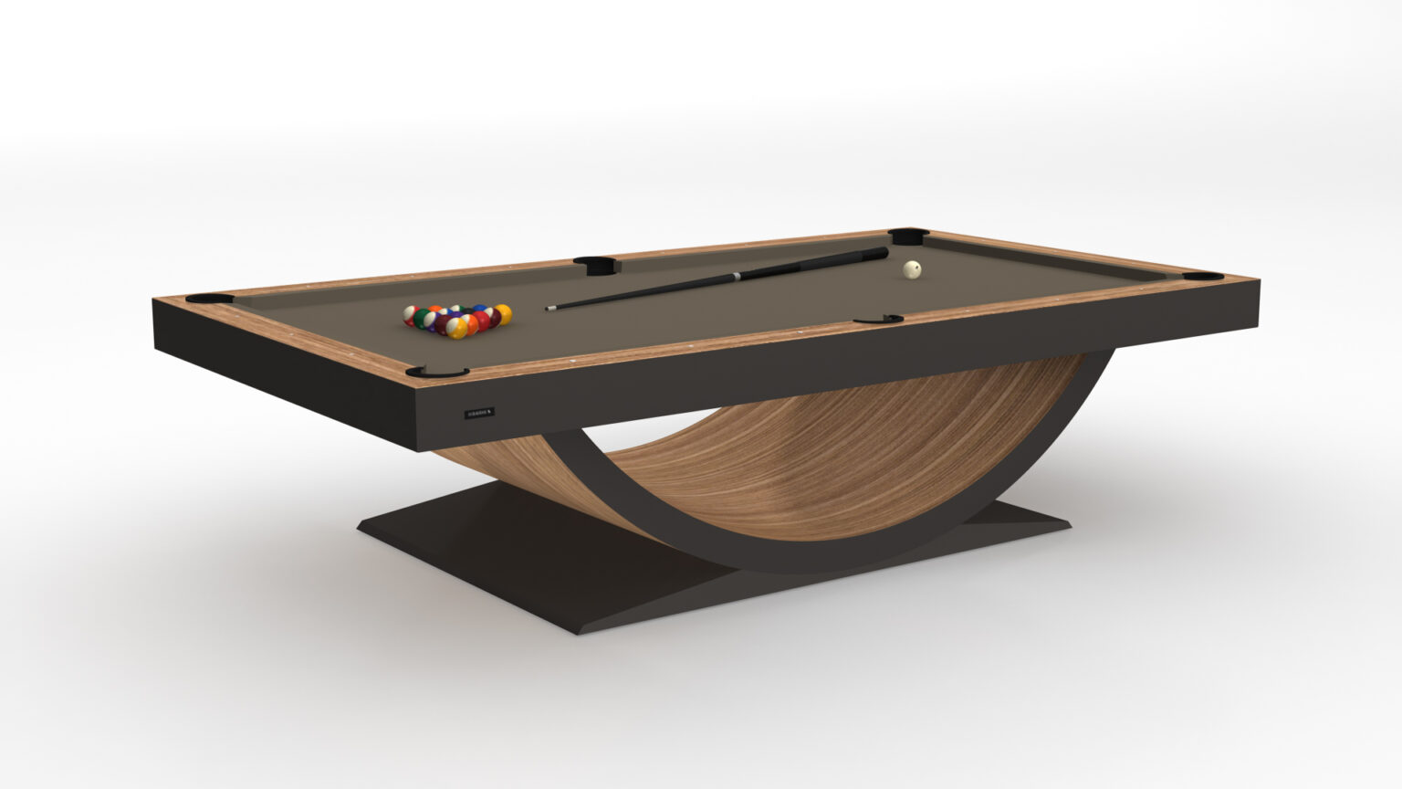 The Theseus Pool Table is a luxury game table featuring a sleek wood and black design with a graceful curved support base. It includes a set of pool balls in a triangle, along with a cue stick and white cue ball, against a plain white background for an elegant setup.
